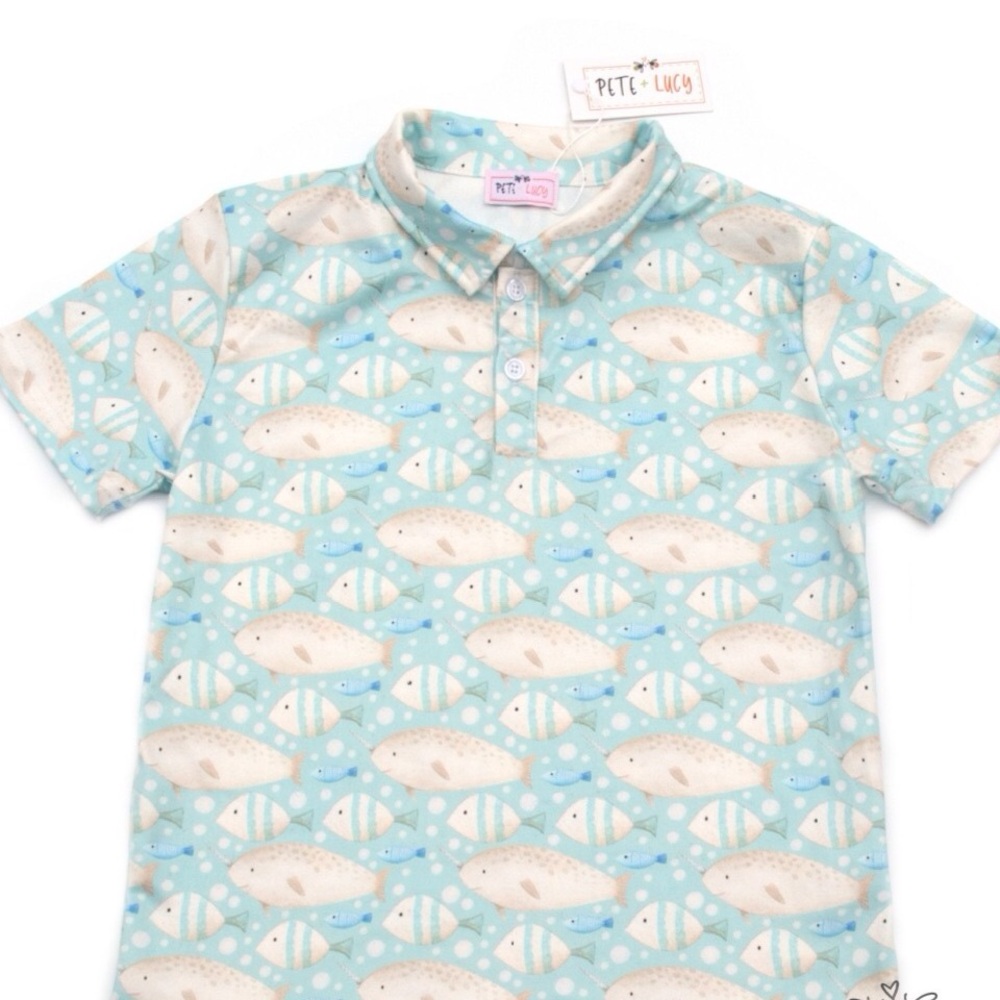 Blue Fish Pattern Polo Shirt